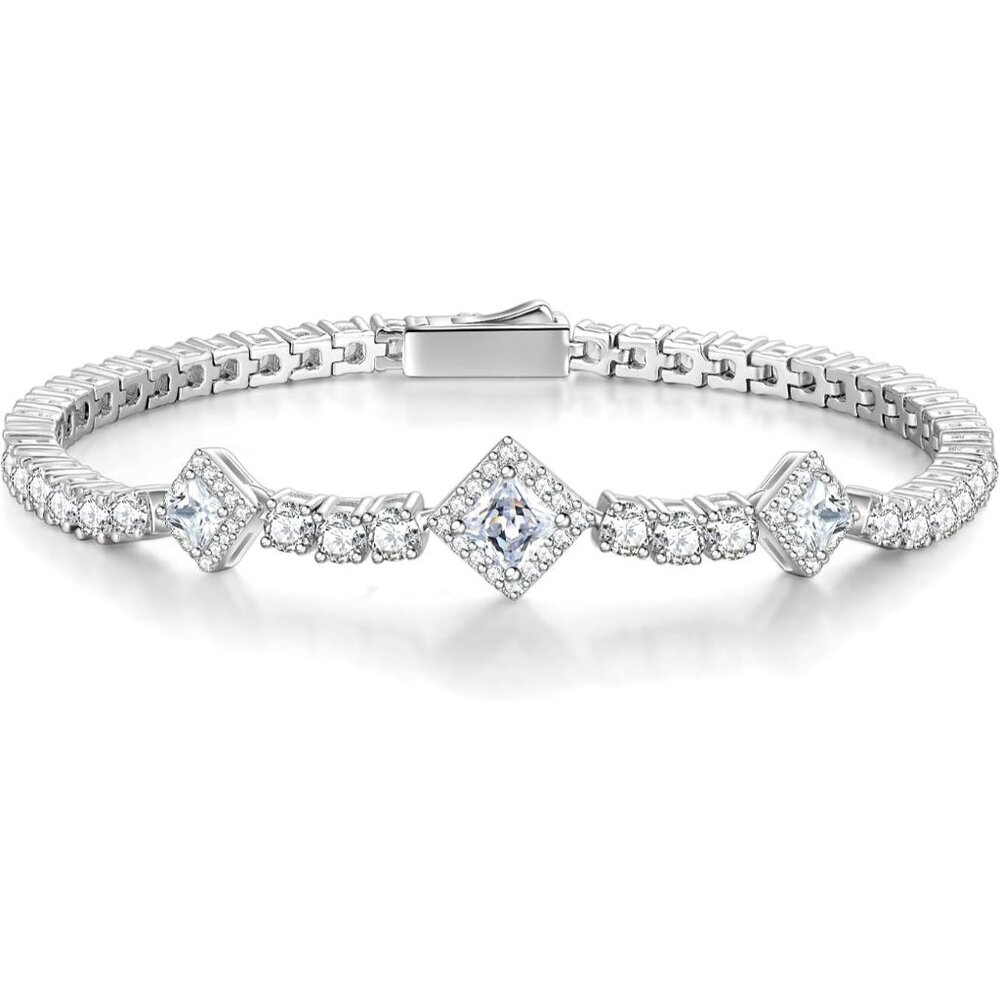Birthstone 4mm Sterling Silver Tennis Square Gemstone Bracelet - 04-Zircon